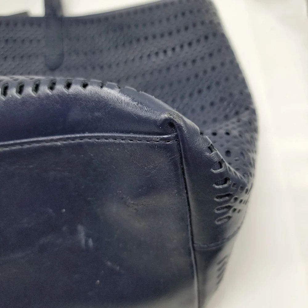 Brooks Brothers Navy Perforated Laser Cut Leather Tote Shoulder Purse Bag